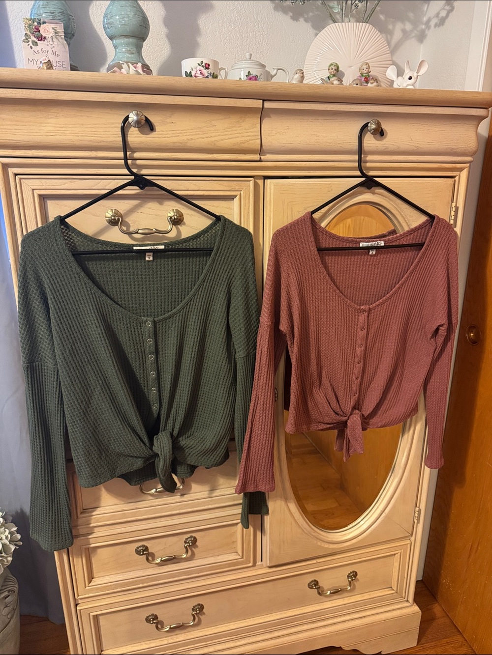 Express Waffle-Knit Tie-Front Tops - Olive Green & Mauve